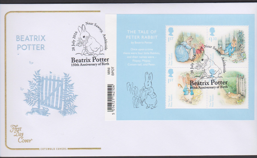 2016 - Beatrix Potter Minisheet COTSWOLD First Day Cover, Near Sawrey, Ambleside Postmark